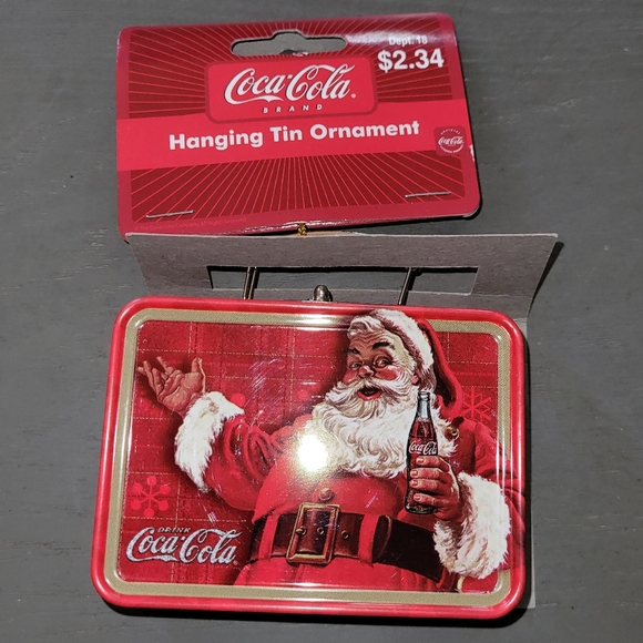 New! Vintage COCA-COLA Santa Metal Mini Lunchbox Christmas Ornament - Picture 2 of 5